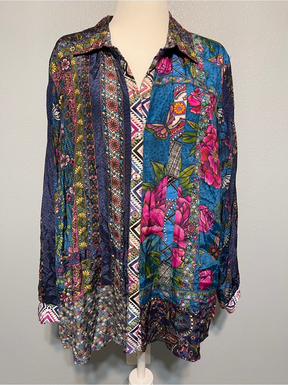 John Mark Artsy Boho Tunic Blouse Paisley Patchwork Art Eclectic XL Roll Tab